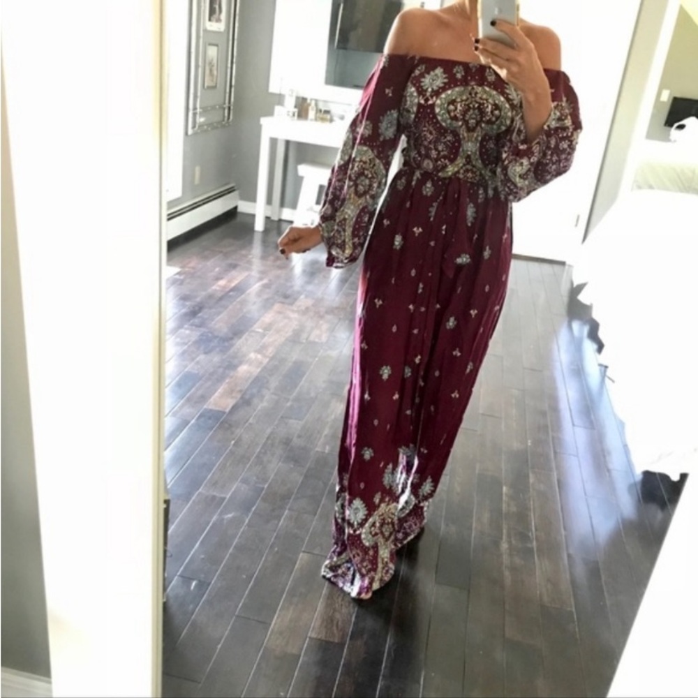 JAASE Maroon Floral Wide Leg Jumpsuit Jumper Playsuit Pants Romper Suit - Picture 2 of 4